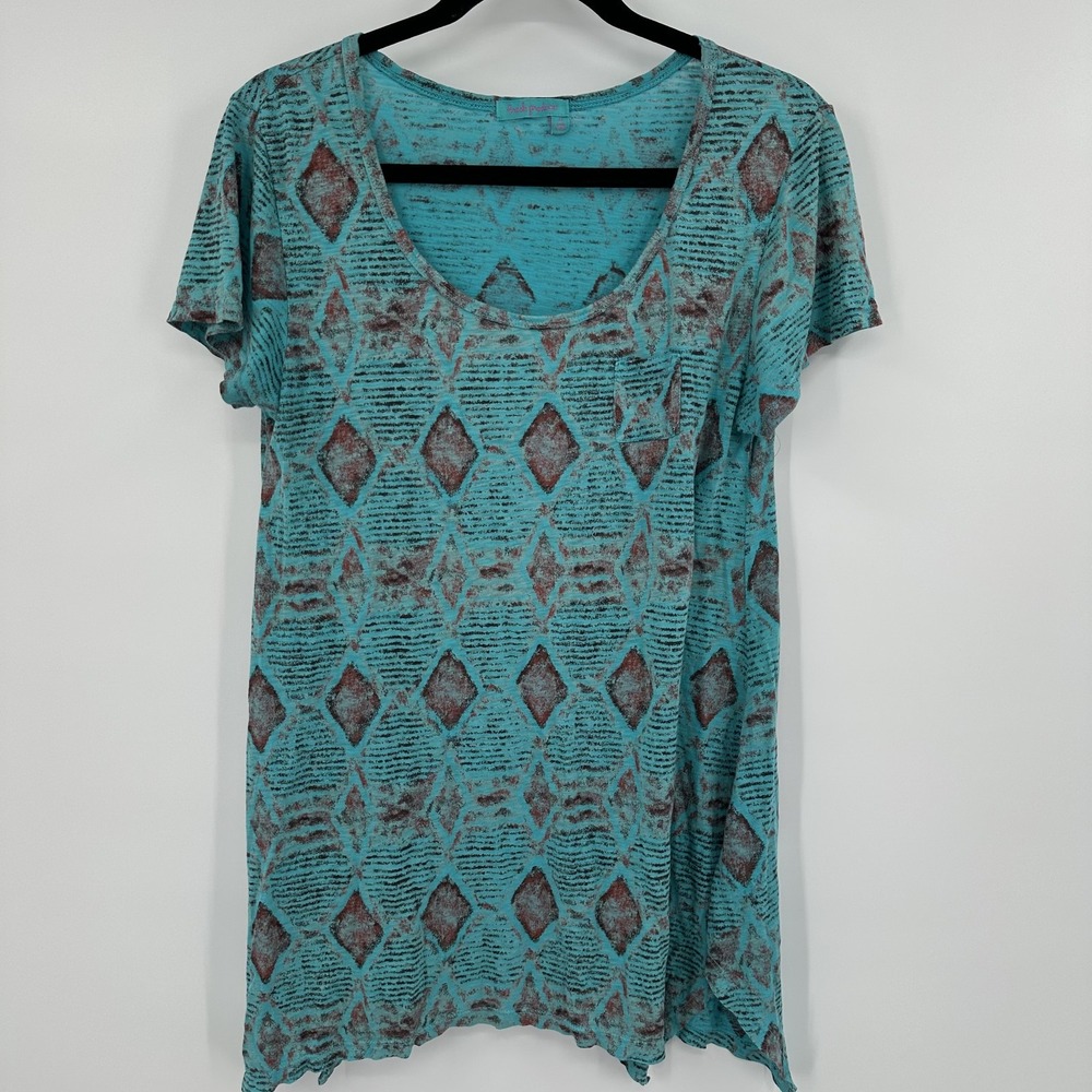 Fresh Produce Shirt Womens Medium Blue Geometric Diamond Print Boho Pocket Tunic